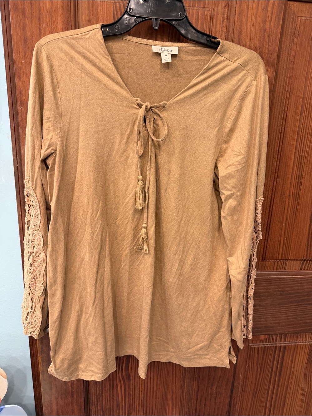 Style & Co. Tan Tie-Front Tunic with Lace Sleeve Detail/Velvet